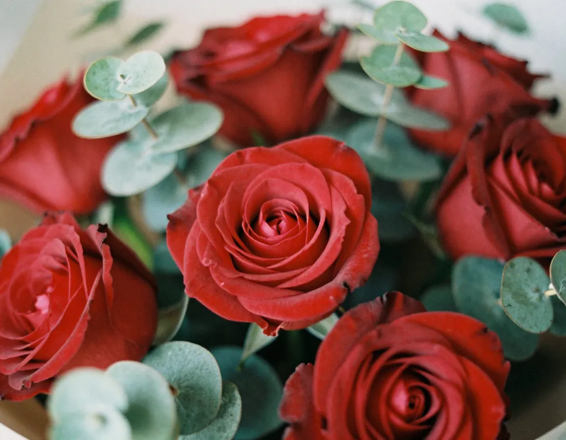 Ramo romántico con rosas rojas y eucalipto
